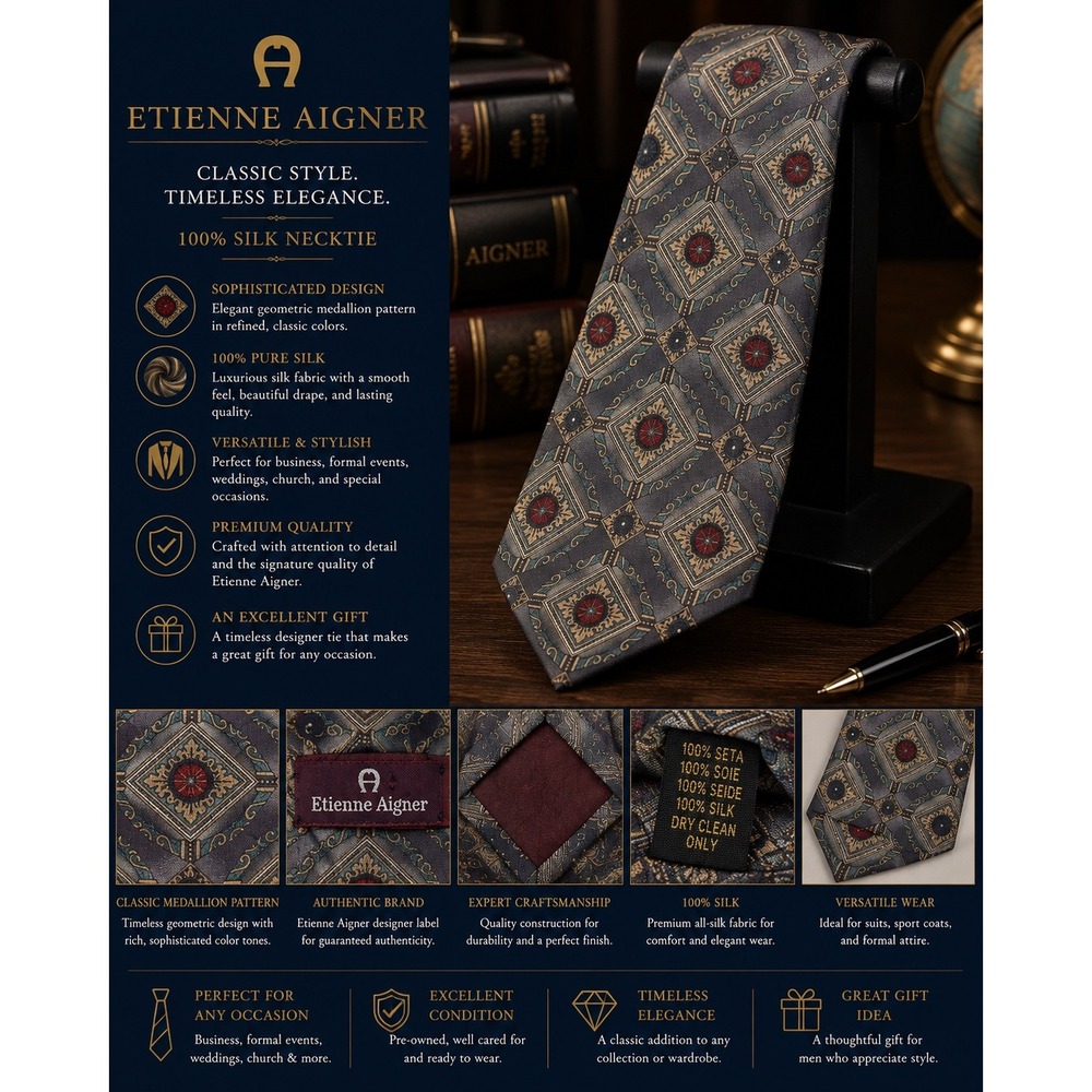 Etienne Aigner 100% Silk Necktie Gray Blue Geometric Medallion Classic Designer